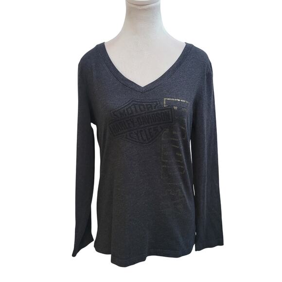 Harley-Davidson Size L Gray Long Sleeve V-Neck Duluth MN Logo Graphic Tee - Picture 1 of 10